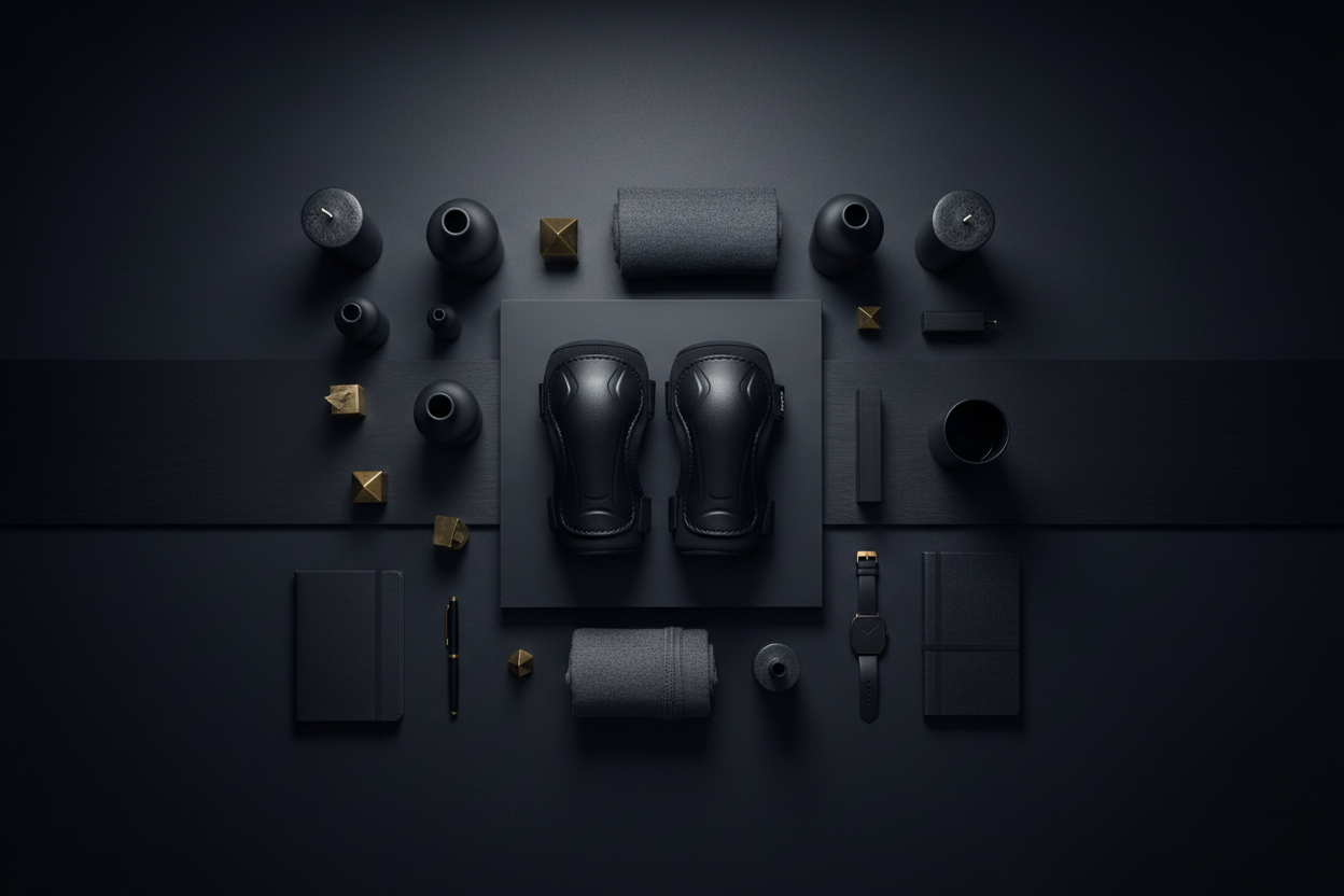 Dark themed general store banner with knee pads and home accessories